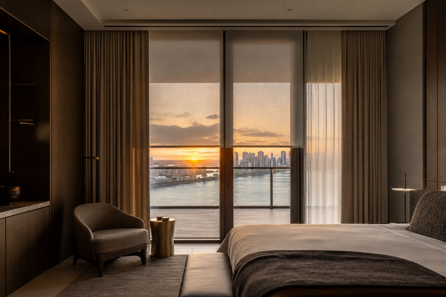 Blackout roller shades in a luxury bedroom