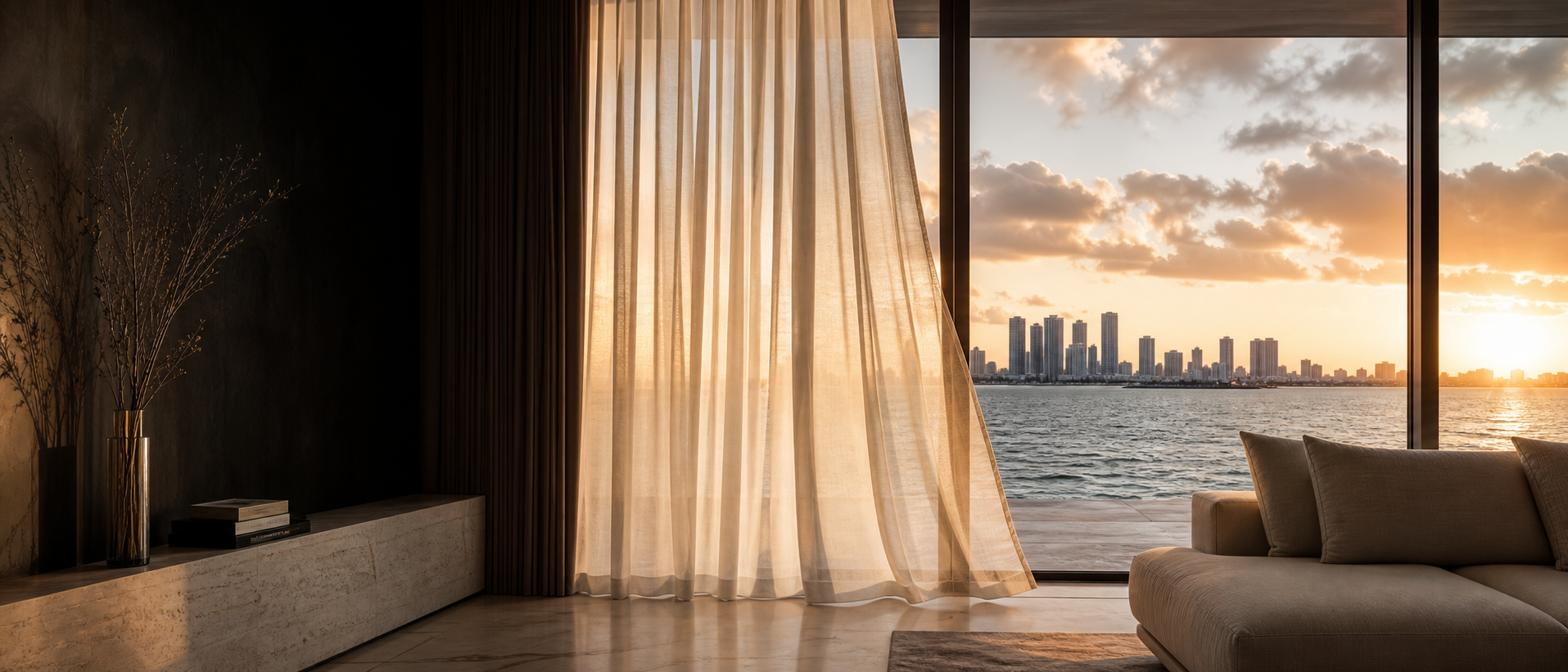 Flowing ivory drapery overlooking Miami at sunset